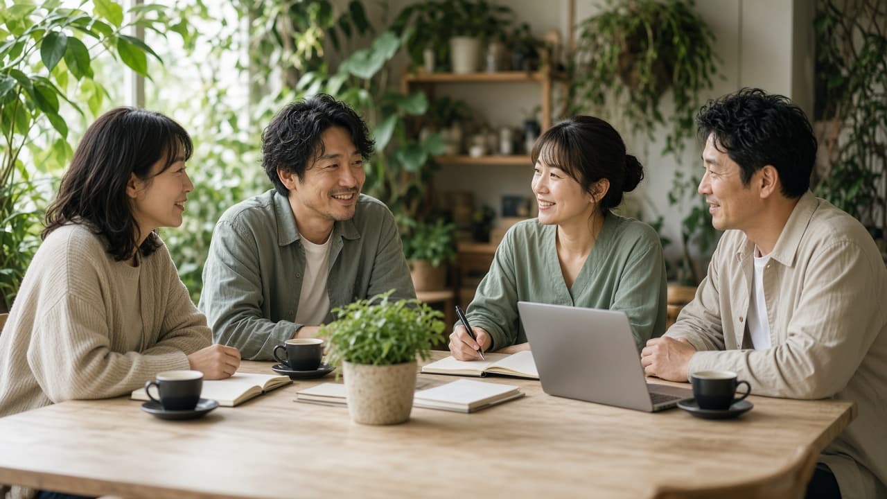 植物のある空間で集い、話し合っている人々