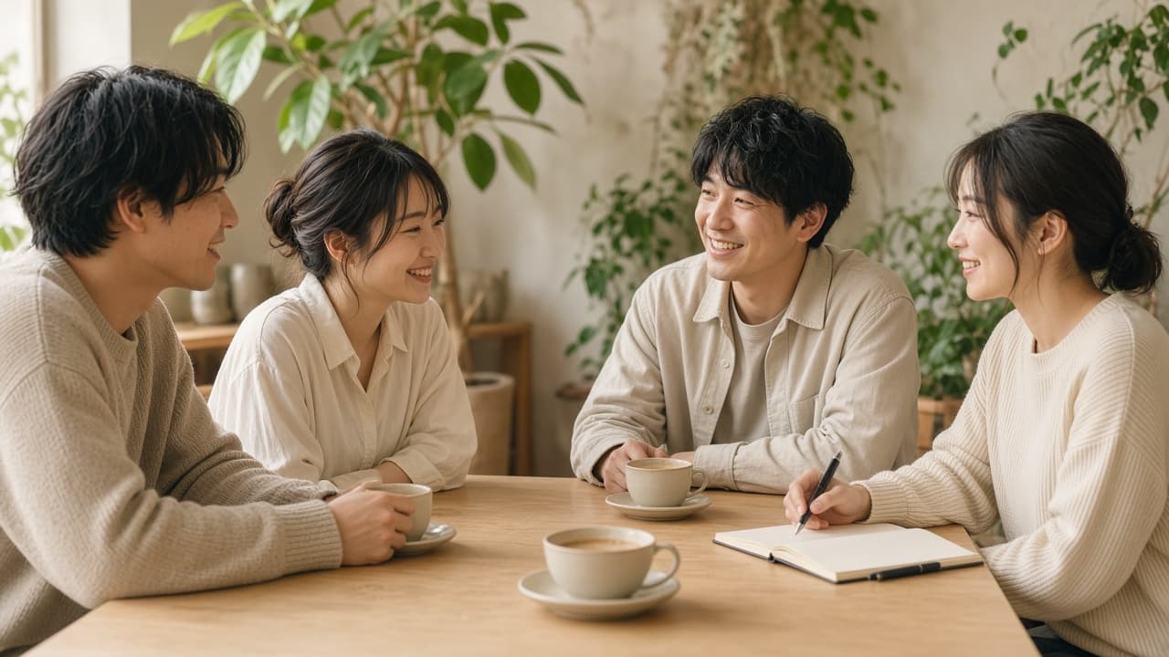 カフェのテーブルを囲んで話す4人