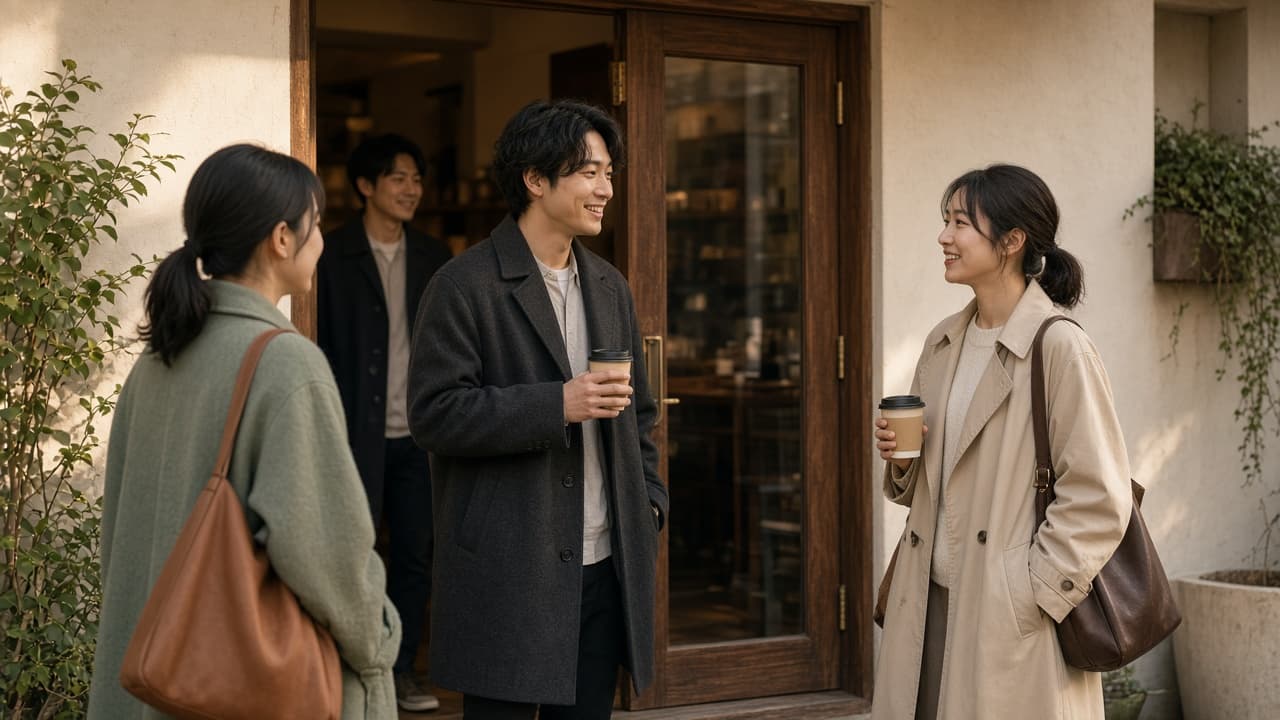 カフェの入口で、コーヒーを手に人が集まっている様子