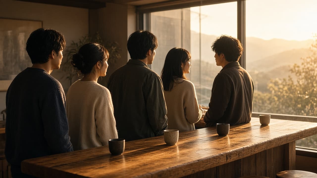 カフェのカウンターに5人が立ち、窓の外を見ている様子